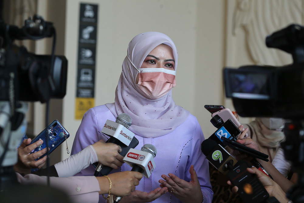 Woman, Family and Community Development Minister Datuk Seri Rina Mohd Harun speaks to the media at the Sunway Pyramid Convention Centre in Petaling Jaya June 27, 2021. — Picture by Yusof Mat Isa