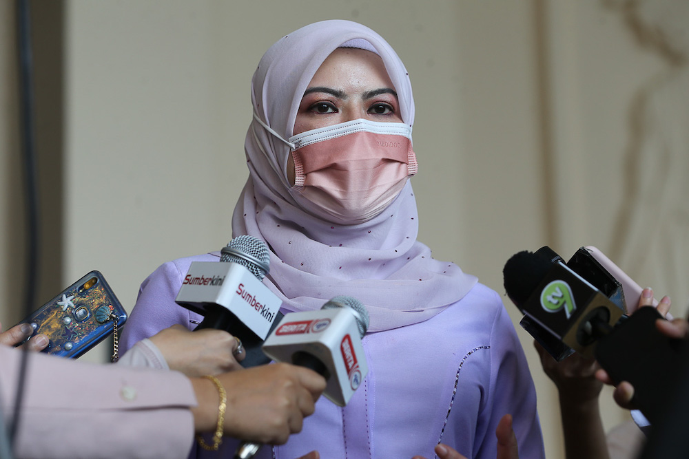 Woman, Family and Community Development Minister Datuk Seri Rina Mohd Harun speaks to the media at the vaccination centre at Sunway Pyramid Convention Centre in Petaling Jaya June 27, 2021. u00e2u20acu201d Picture by Yusof Mat Isa