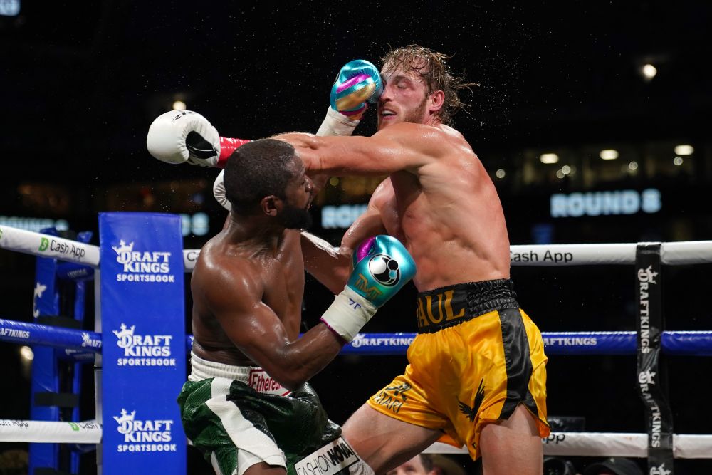 Floyd Mayweather exchanges blows with Logan Paul during their contracted exhibition boxing match at Hard Rock Stadium in Miami Gardens, Florida June 6, 2021. u00e2u20acu201d AFP pic