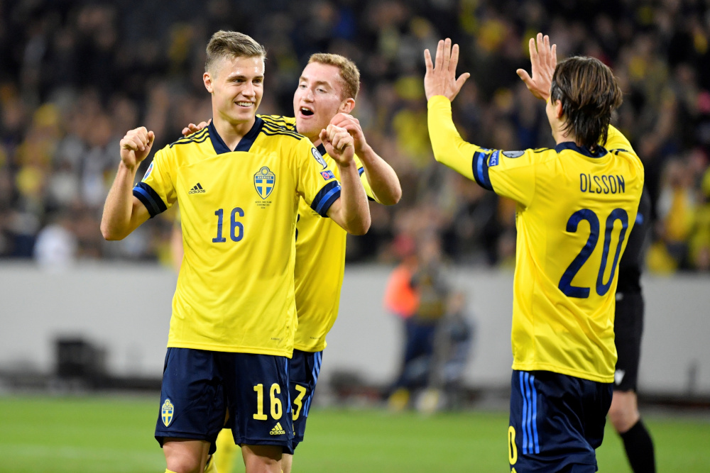 Swedenu00e2u20acu2122s Mattias Svanberg celebrates his 2-0 goal with Dejan Kulusevski and Kristoffer Olsson during the Euro 2020 Qualifier Group F against Faroe Islands at Friends Arena, Solna, Sweden,  November 18, 2019. u00e2u20acu201d TT News Agency/Jessica Gow pic via Reuter