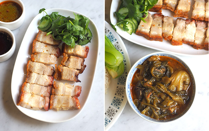The roast pork has a nice ratio of fat with meat, topped with a crunchy skin (right). Make sure you get portion of 'chai boey' with your meal to get the slightly sour taste that helps cut the rich fatty taste of the roast pork (left).