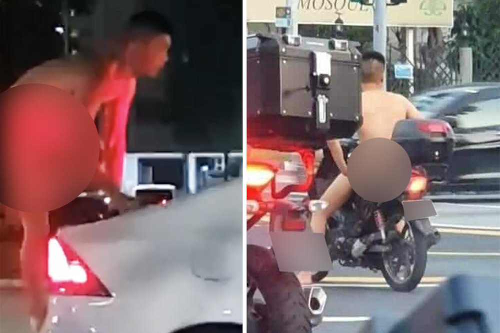 A video screencap of a naked man climbs onto the roof of a car, with its driver inside, in an open-air car park (left). A photo by a member of the public shows a naked motorcyclist waiting at a traffic light in Eunos (right). u00e2u20acu201d Photo via social media