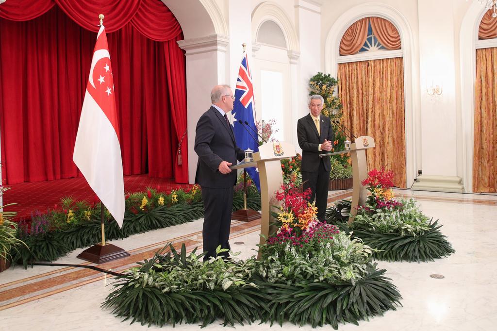 Prime Minister Lee Hsien Loong (right) meeting his Australian counterpart Scott Morrison at the Istana on June 10, 2021. u00e2u20acu2022 Picture courtesy of Singaporeu00e2u20acu2122s Ministry of Communications and Information