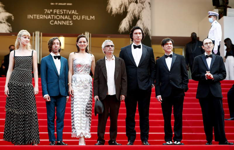 Angele, Simon Helberg, Marion Cotillard, Leos Carax, Adam Driver, Russell Mael and Ron Mael pose at the 74th Cannes Film Festival opening ceremony, July 6, 2021. — Reuters pic