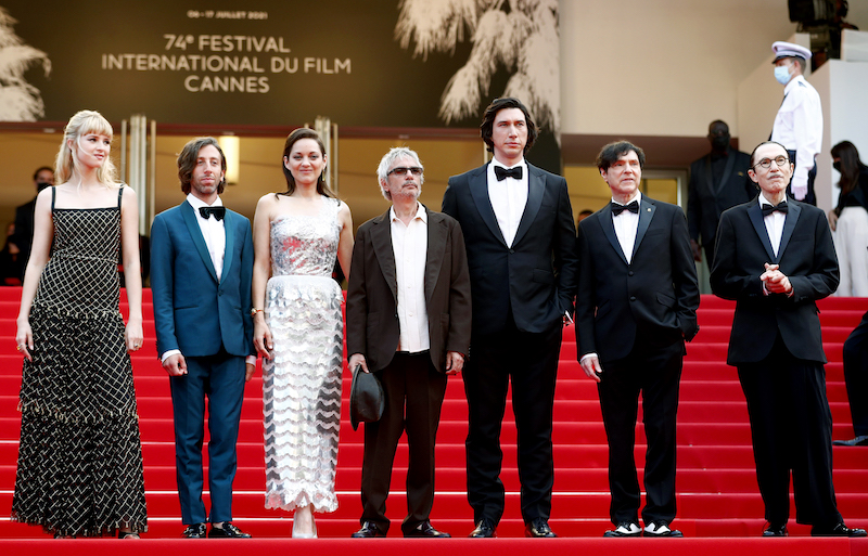 Angele, Simon Helberg, Marion Cotillard, Leos Carax, Adam Driver, Russell Mael and Ron Mael pose at the 74th Cannes Film Festival opening ceremony, July 6, 2021. — Reuters pic  