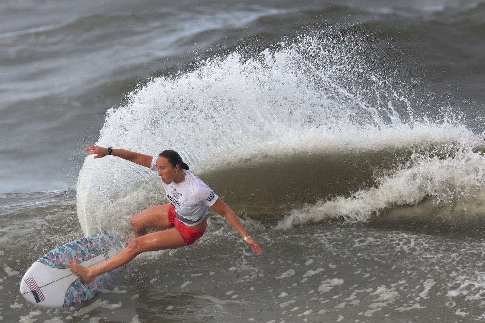 USu00e2u20acu2122 Carissa Moore competes during the womenu00e2u20acu2122s Surfing gold medal final at the Tsurigasaki Surfing Beach, in Chiba, July 27, 2021 during the Tokyo 2020 Olympic Games. u00e2u20acu201d AFP pic 