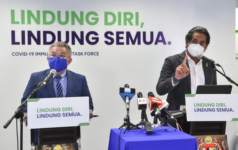 Science, Technology and Innovation Minister Khairy Jamaluddin speaking at the weekly Covid-19 Immunisation Task Force joint press conference with Health Minister Datuk Seri Dr Adham Baba in Putrajaya, July 5, 2021. u00e2u20acu201d Bernama picn