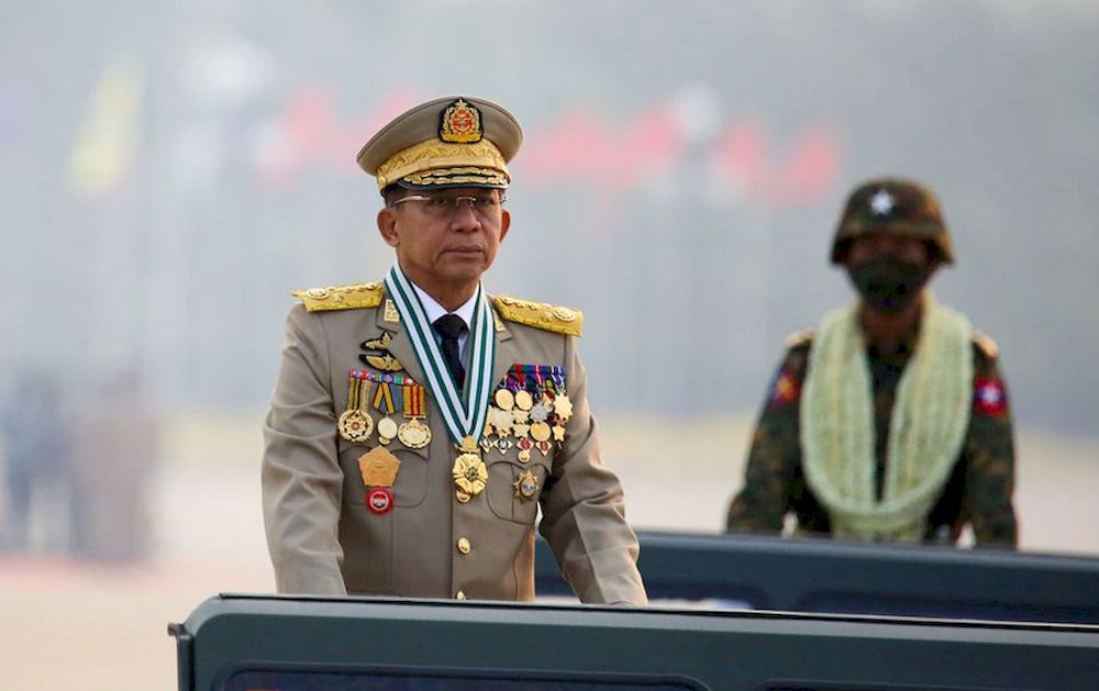 Myanmar’s military ruler Min Aung Hlaing presides over an army parade on Armed Forces Day in Naypyitaw, Myanmar, March 27, 2021. — Reuters pic