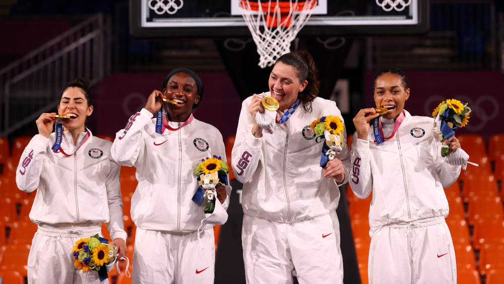 Golden medallists Allisha Gray, Kelsey Plum, Stefanie Dolson and Jacquelyn Young of the United States pose for a picture, July 28, 2021. u00e2u20acu201d Reuters pic 