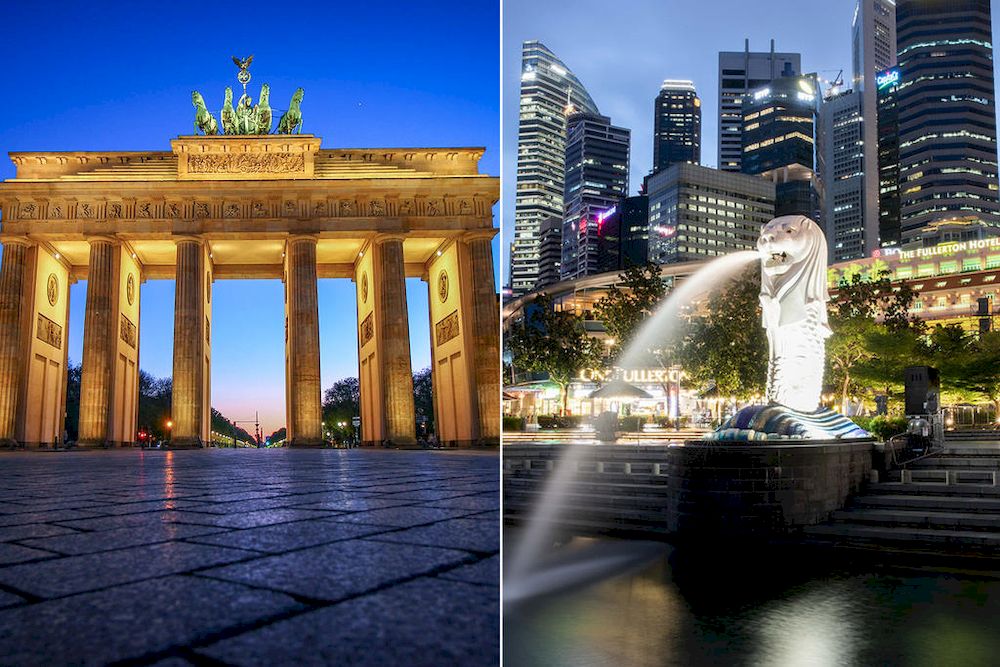 The Brandenburg Gate monument in Berlin, Germany (left) and the Merlion Park at the Marina Bay area in Singapore (right). u00e2u20acu201d Unsplash and TODAY file pic