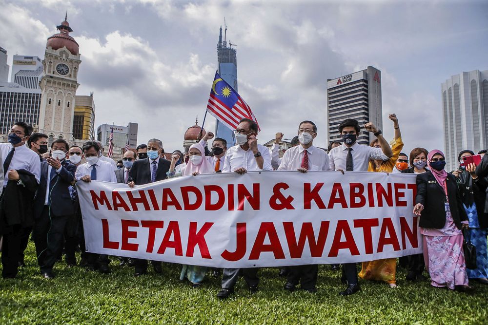 Opposition lawmakers start their march to the Parliament building from the Merdeka Square in Kuala Lumpur August 2, 2021. u00e2u20acu201d Picture by Hari Anggara
