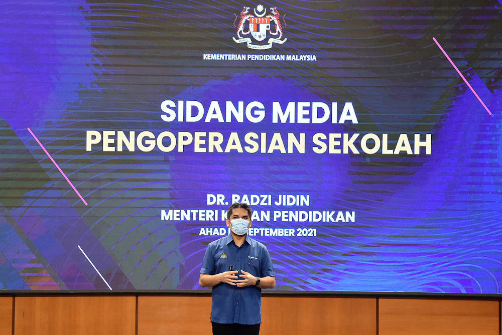 Education Minister Datuk Mohd Radzi Md Jidin speaks during a press conference at its ministry in Putrajaya September 12, 2021. u00e2u20acu201d Picture courtesy of the Ministry of Education 