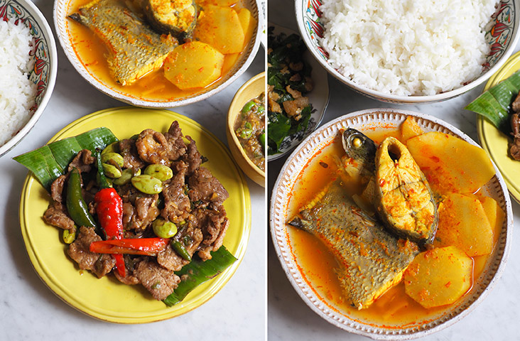 Dine on 'muu pad gapi' or stir fried tender pork slices with 'petai' and shrimp paste (left). It's rare to get this 'Geng leuang pla gab Nor mai dong' which is a sour yellow curry that has perfectly poached sea bass paired with fresh bamboo shoots (right)