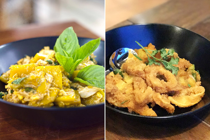 'Fuk-tong pad khai' (stir-fried pumpkin with salted egg and crab meat) and Thai salted egg squid.