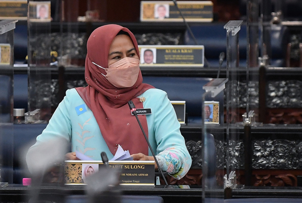 Higher Education Minister Datuk Noraini Ahmad speaks during question time in Parliament, September 22, 2021. u00e2u20acu201d Bernama pic 