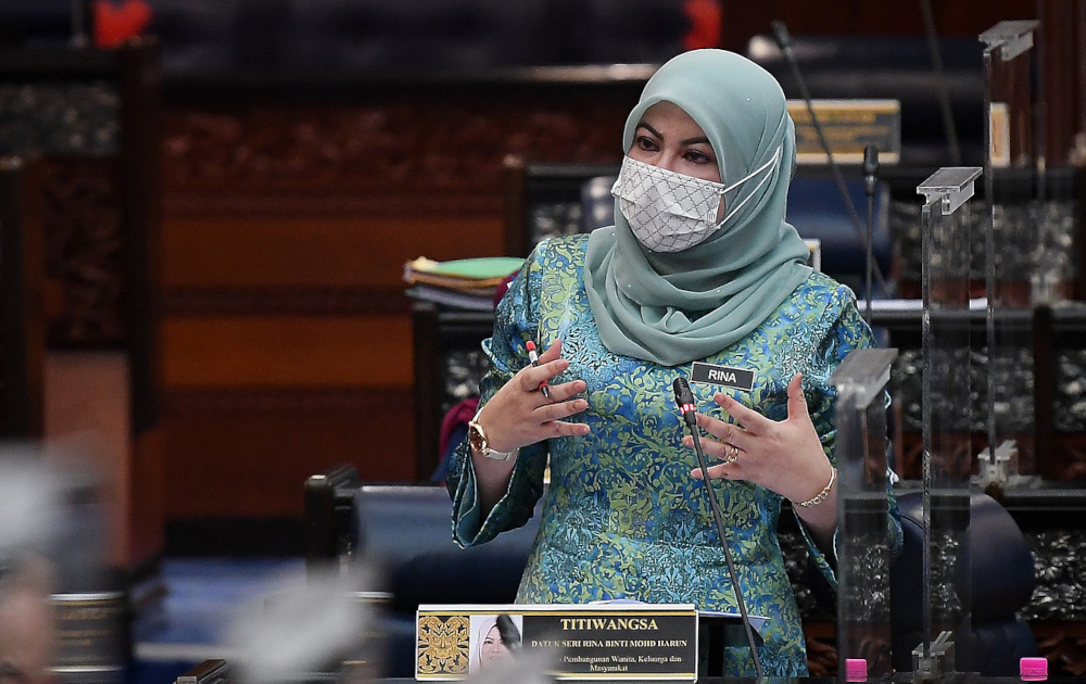 Women, Family and Community Development Minister Datuk Seri Rina Mohd speaks during question time in Parliament, September 22, 2021. u00e2u20acu201d Bernama pic 