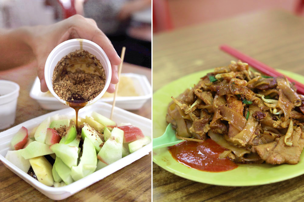 Pour that dark, unctuous sauce (left). A plate of 'char kway teow', with some chilli sauce on the side (right).