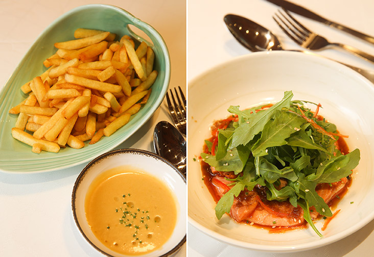 Their Pomme de Frite is an addictive dish with crispy French fries paired with a luscious truffle soy mayonnaise (left). Start your meal with the refreshing King Salmon Tataki that has a sweet and salty flavour (right)