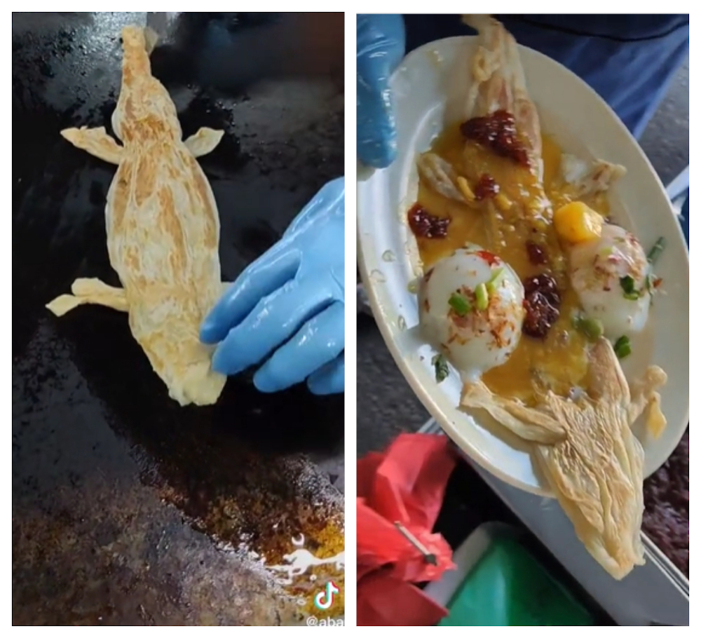 Fancy a lizard-shaped roti canai served with dhal and half-boiled eggs? — Screengrab via TikTok/abangterbang