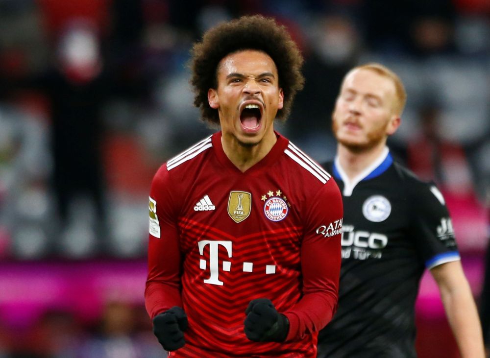 Bayern Munich’s Leroy Sane celebrates scoring their first goal against Arminia Bielefeld at the Allianz Arena, Munich November 27, 2021. — Reuters pic