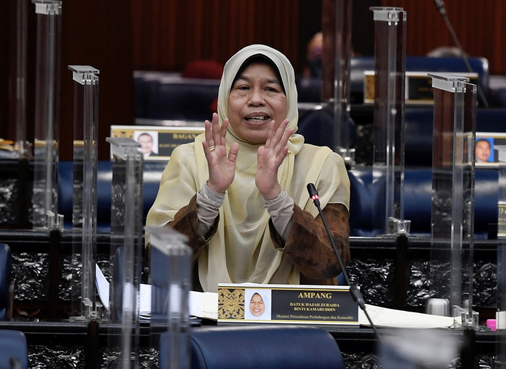 File picture shows Plantation Industries and Commodities Minister Datuk Zuraida Kamaruddin in Parliament, November 24, 2021. — Bernama pic