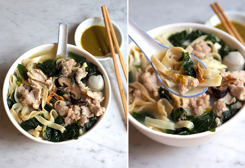 You can go for the classic 'pan mee' served with a clear anchovy broth, vegetables, pork slices and fried 'ikan bills'. (right) Make sure you add their tangy green chilli with the springy noodles for the 'pan mee'.