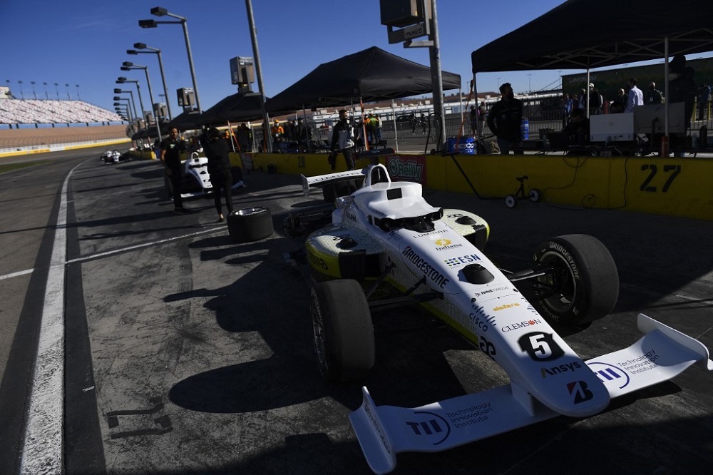 The PoliMOVE autonomous race car from Politecnico di Milano and University of Alabama in pit row during the Indy Autonomous Challenge during the Consumer Electronics Show at the Las Vegas Motor Speedway January 7, 2022. u00e2u20acu201d AFP poc