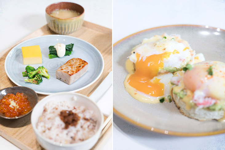 The 'ichiju sansai' accompaniments include multi-grain rice, onsen egg and miso soup (left). Snow Crab &amp; Avocado Benedict (right).