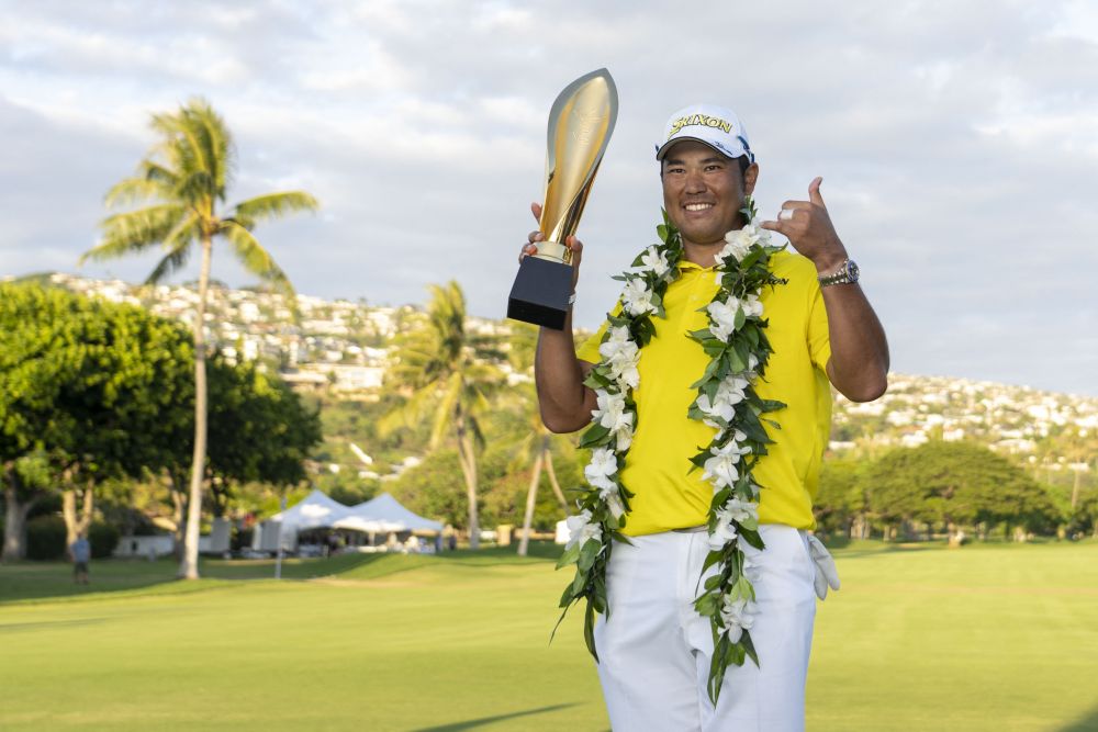 Hideki Matsuyama hoists the trophy during the final round of the Sony Open at the Waialae Country Club, Honolulu January 16, 2022. — Reuters pic