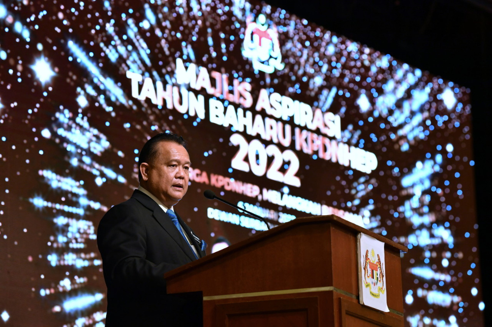 Domestic Trade and Consumer Affairs Minister Datuk Seri Alexander Nanta Linggi speaks at the launch of the Cyber Copyright Enforcement (CyCORE) programme in Putrajaya, January 6, 2022. u00e2u20acu201d  Bernama pic