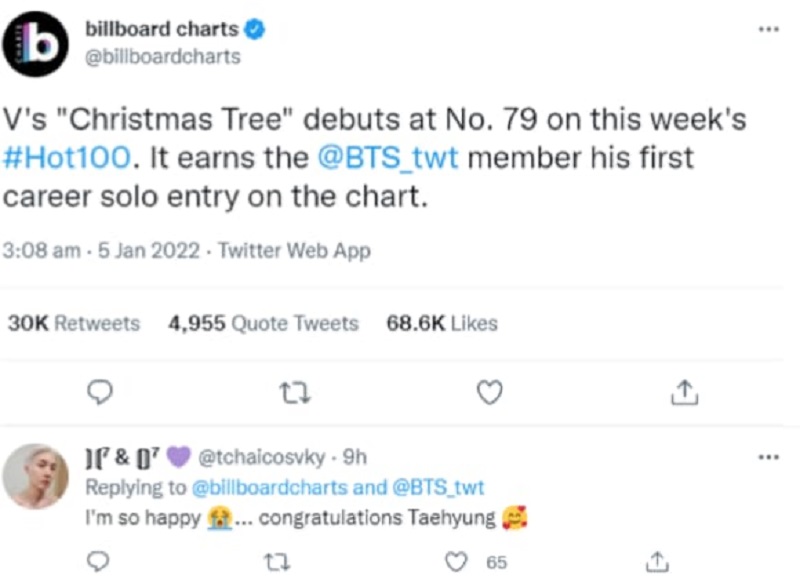 Billboard announced on Twitter that ‘Christmas Tree’ which climbed on the hot 100 would be V’s first career solo entry. ― Picture via Twitter/Billboard