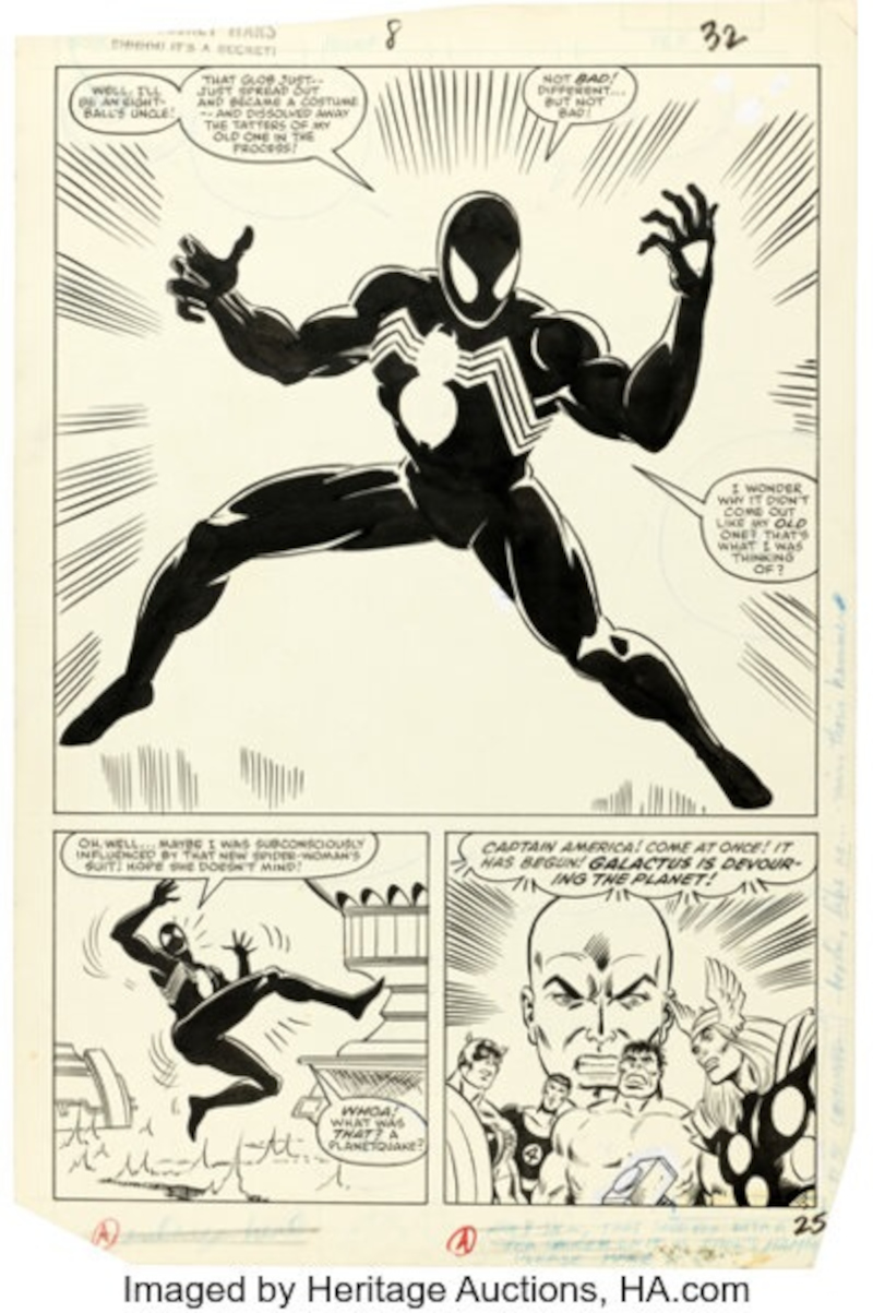 La page présente la première apparition du costume symbiote noir de Spidey qui conduira plus tard à la création de l'anti-héros Venom dans les illustrations de Mike Zeck de Marvel Super Heroes Secret Wars no.  8. — Image avec l'aimable autorisation de Heritage Auctions via ETX Studio