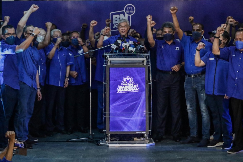 BN chairman Datuk Seri Ahmad Zahid Hamidi speak to reporters at the press conference at the Barisan Nasional command center in the Johor Umno Liaison Hall, Johor Baru March 12, 2022. — Picture by Hari Anggara