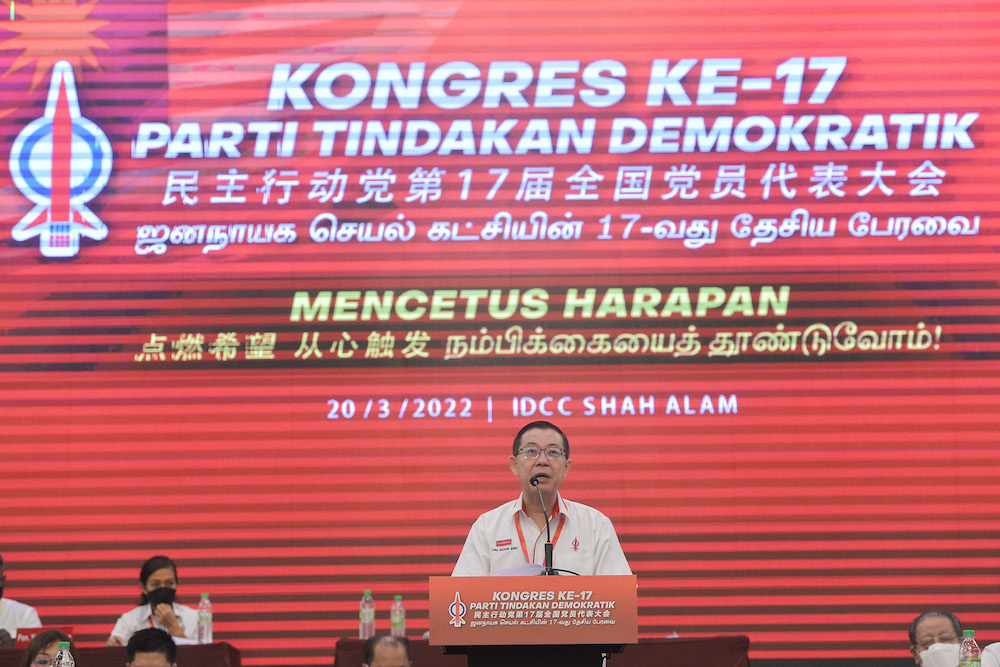 DAP Secretary-General Lim Guan Eng speaks at the opening of DAPu00e2u20acu2122s 17th Party Congress in IDCC, Shah Alam March 20, 2022. u00e2u20acu201d Picture by Miera Zulyana