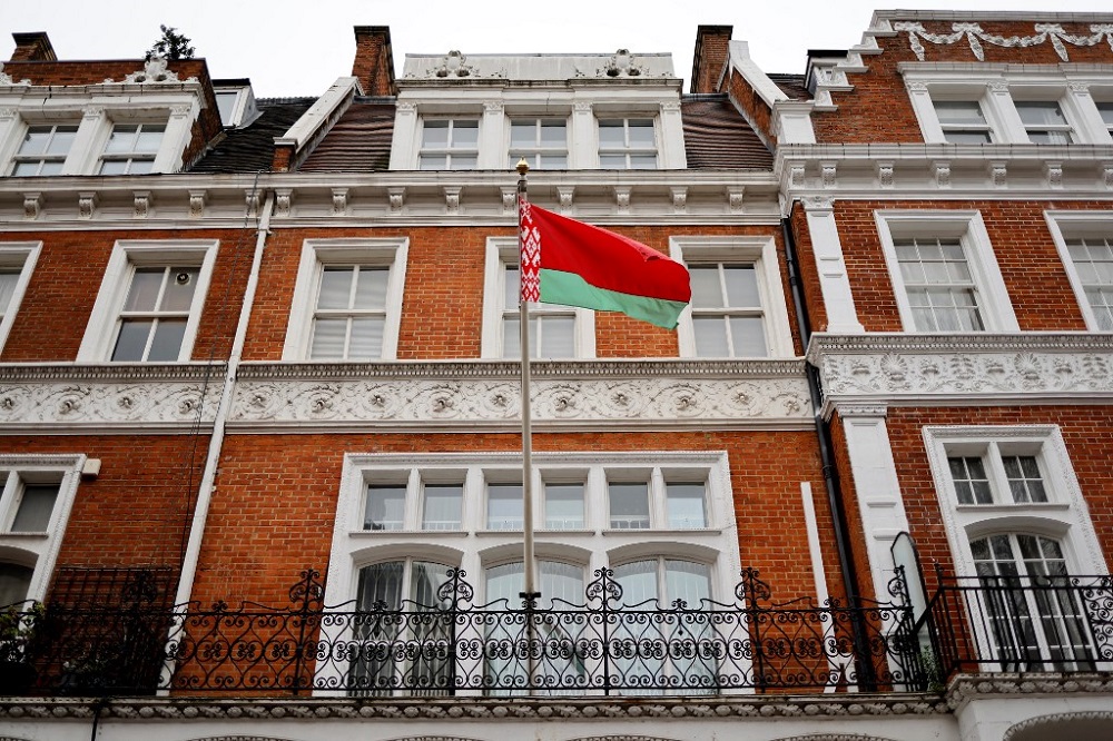 A national flag flies outside of Belarus' Embassy in London March 4, 2022. u00e2u20acu201d AFP pic