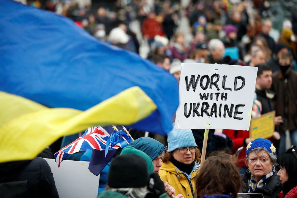 Demonstrators take part in a protest against Russia's invasion of Ukraine, at Trafalgar Square, in London, Britain March 5, 2022. u00e2u20acu2022 Reuters pic
