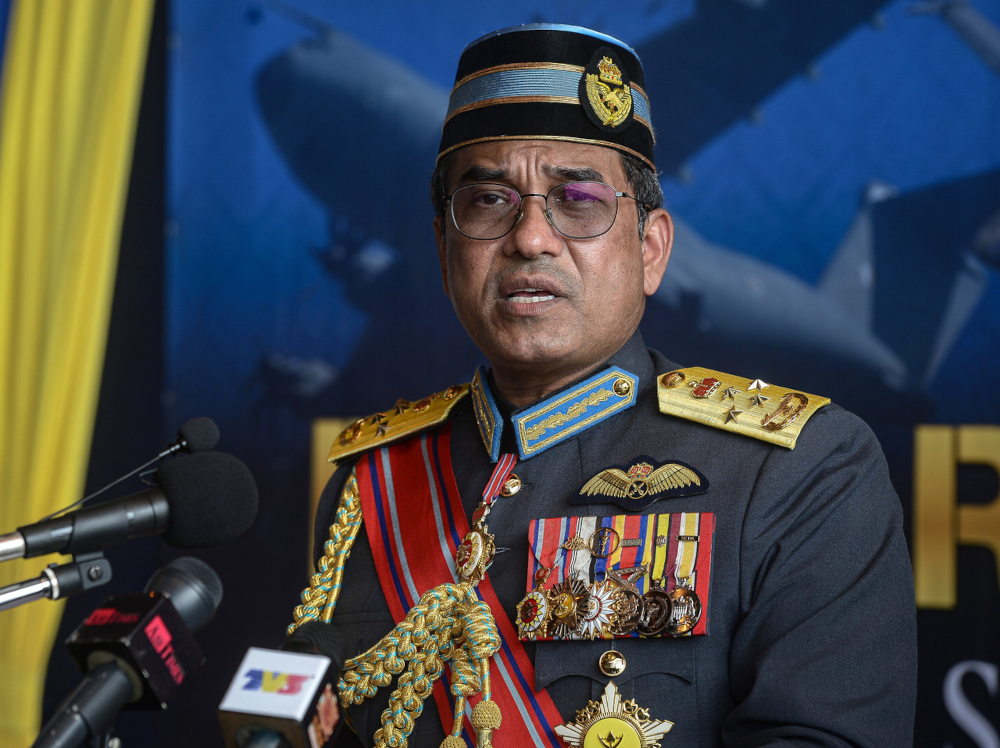 Gen Datuk Seri Mohd Asghar Khan Goriman Khan speaks at a press conference at the RMAF Subang  Air Base, March 7, 2022. u00e2u20acu201d Bernama pic 