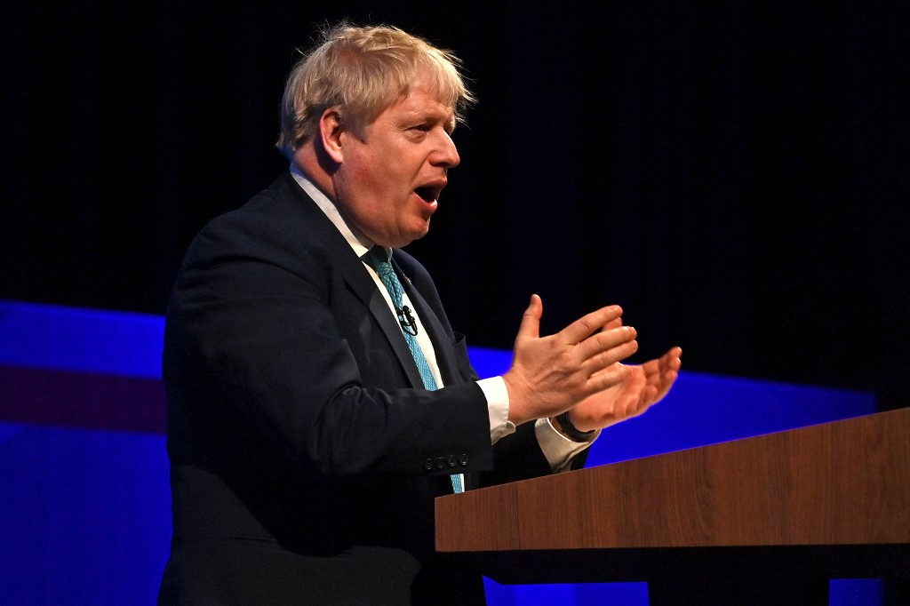 Britainu00e2u20acu2122s Prime Minister Boris Johnson speaks during the Conservative Party Spring Conference at Blackpool Winter Gardens in Blackpool, north-west England, on March 19, 2022. u00e2u20acu201d AFP pic