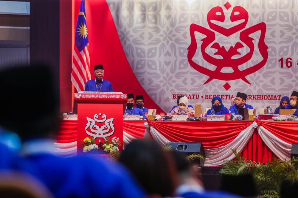 Prime Minister Datuk Seri Ismail Sabri Yaakob delivers a speech at the 2021 Umno General Assembly at World Trade Centre Kuala Lumpur March 19, 2022. u00e2u20acu201d Picture by Hari Anggara