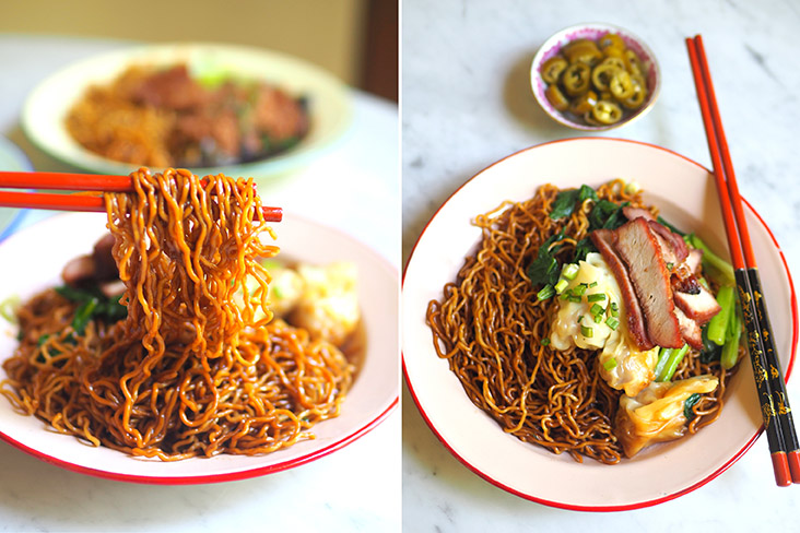 The egg noodles have a nice bite to them and they don't clump together (left). In contrast, the 'char siu wantan mee' version pales in comparison to the more unusual combinations (right)