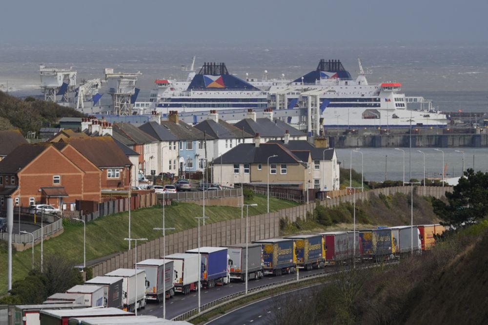 Two P&O ferries remain in the Port of Dover, Kent, as freight lorries queue to check- in at the Port of Dover, Kent, as some ferry services remain suspended at the Port of Dover following the sacking of 800 seafarers by the ferry giant without notice on March 17, amid plans to bring in cheaper agency staff. — PA via Reuters