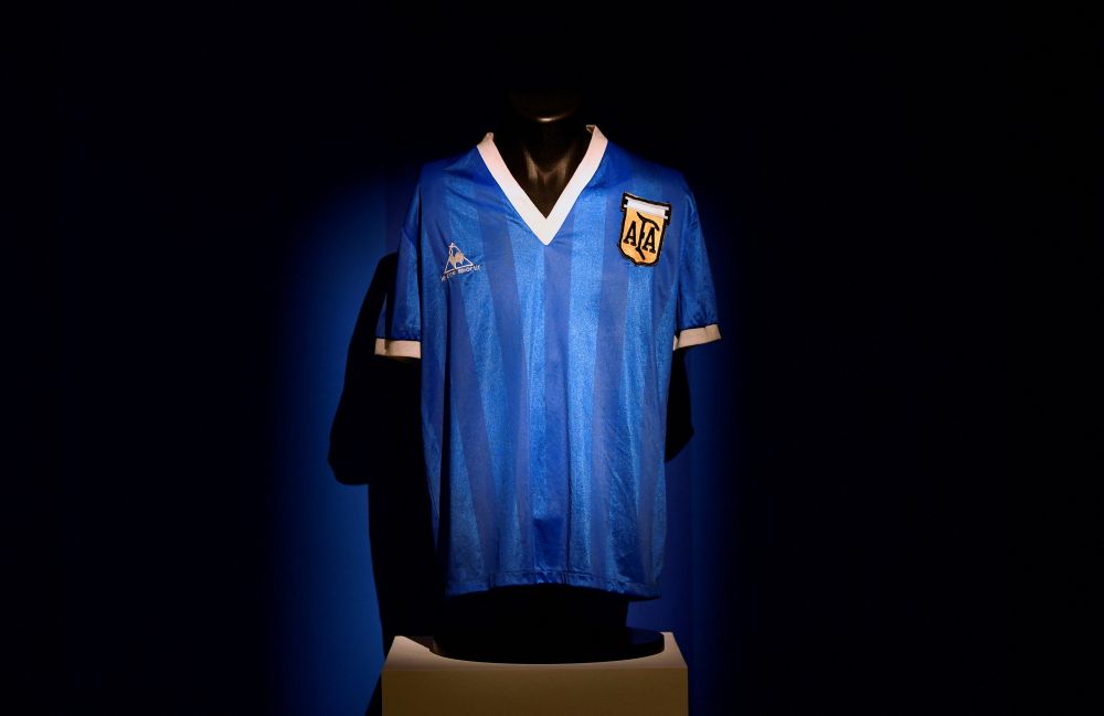 The shirt worn by Argentinian football player Diego Maradona in the 1986 World Cup quarter final against England is displayed ahead of it being auctioned by Sotheby's in London April 20, 2022. u00e2u20acu2022 Reuters pic