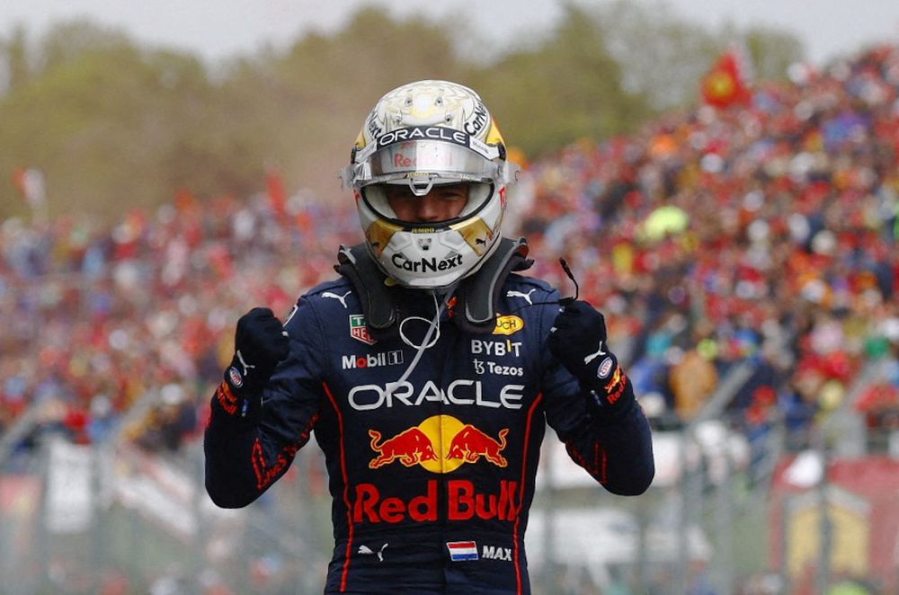 Red Bull's Max Verstappen celebrates after winning Emilia Romagna Grand Prix in Imola April 24, 2022. u00e2u20acu201d Reuters picnn