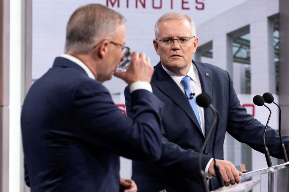 Australian Prime Minister Scott Morrison and Opposition Leader Anthony Albanese during the second leaders' debate of the 2022 federal election campaign at the Nine studio in Sydney, Australia May 8, 2022. u00e2u20acu201d Pool via Reuters