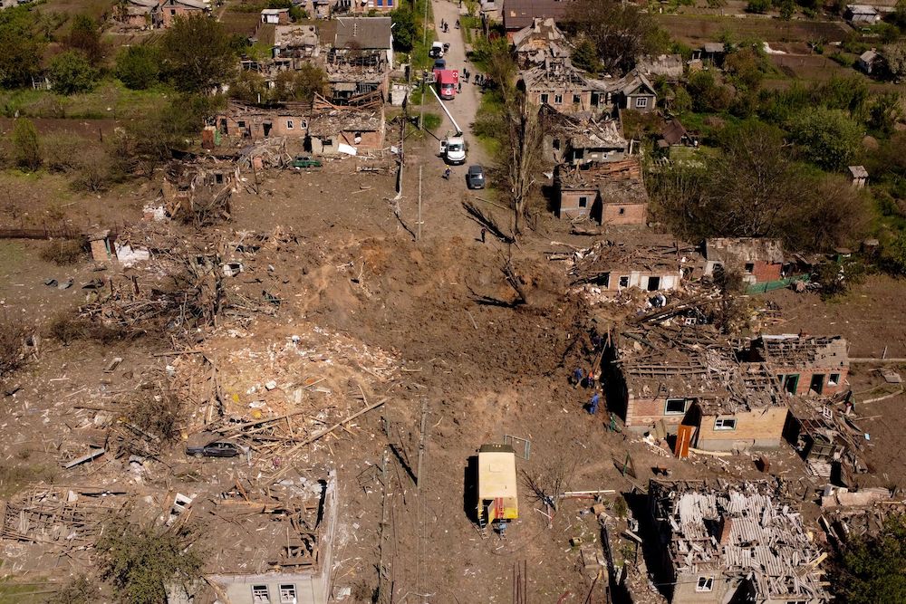 A hole is seen at the site where a missile strike hit a residential area, amid Russiau00e2u20acu2122s invasion of Ukraine, in Bakhmut in the Donetsk region, Ukraine, May 7, 2022. Picture taken with a drone. u00e2u20acu201d Reuters pic