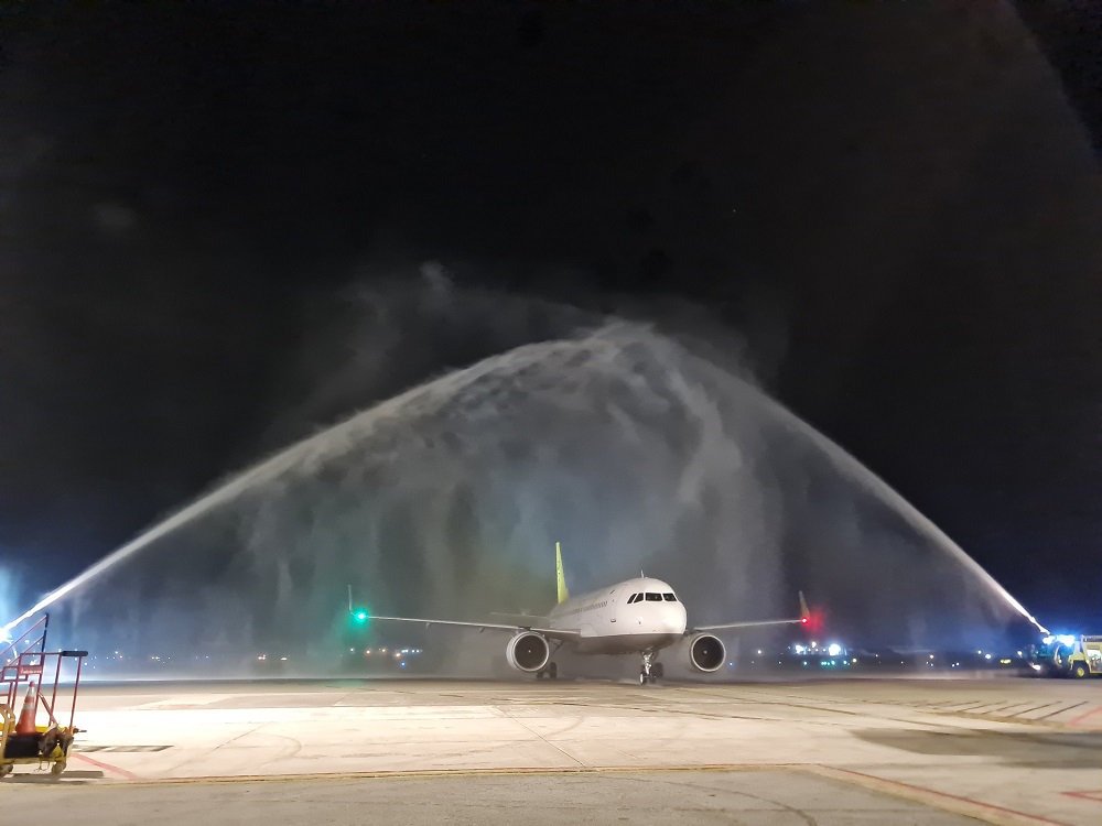 A Royal Brunei Airlines aircraft receiving a water salute after touching down at Kuching International Airport on last night. u00e2u20acu201d Borneo Post Online pic
