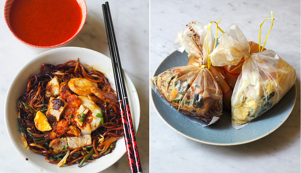 You can also opt for the dry version of prawn noodles where they use dark soy sauce to toss the noodles with and paired with a bowl of prawn broth (left). If you love 'sambal', remember to ask for it for your takeaway as it's not given unless you ask for it (right).