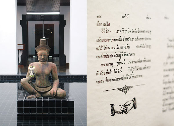At the Sukhothai Bangkok, serene-looking statues of Buddha watch over tranquil pools of water (left). At Paste Bangkok, facsimile pages from an ancient Siamese cookbook double as wallpaper (right)