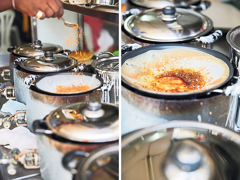 Sprinkling brown sugar in the middle of the apom manis gives it a sweeter taste (left). The crepes are cooked on non stick woks over a gas fire for easier control (right)