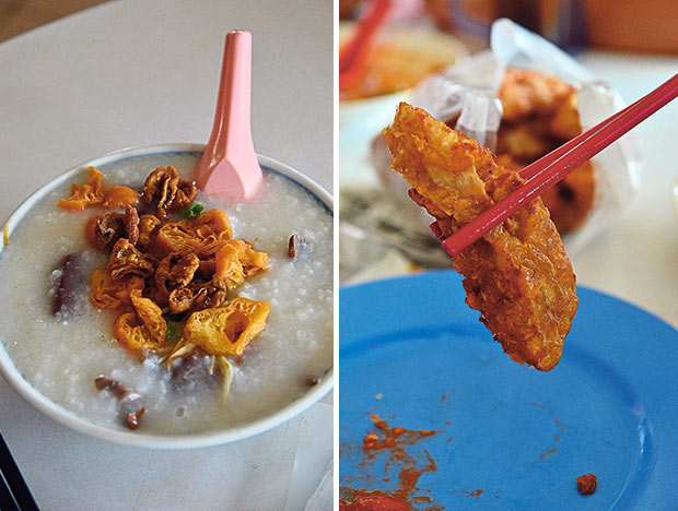 A comforting bowl of chu zhap zhuk or mixed pig’s offal porridge goes well with the roasted meats at Wong Fee Kee (left). Pack some sar kok liew (stuffed yambean fritters) from the next door Ngan Woh Coffee Shop for added oomph to your spread of dishes (right).